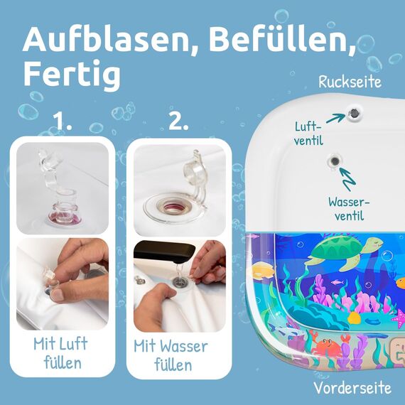 Mallie® Wassermatte Baby XXL 95x75 CM [100% BPA & Schadstoff-Frei] ab 3, 6 und 9 Monate im Ozean Blau Design I Baby Spielzeug, Spielzeug Ab 6 Monate als Wassermatte Baby und Baby Spielzeug 6 Monate