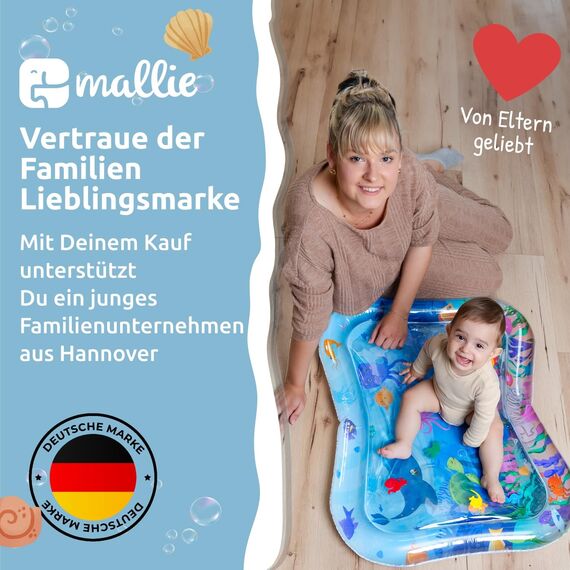 Mallie® Wassermatte Baby XXL 95x75 CM [100% BPA & Schadstoff-Frei] ab 3, 6 und 9 Monate im Ozean Blau Design I Baby Spielzeug, Spielzeug Ab 6 Monate als Wassermatte Baby und Baby Spielzeug 6 Monate