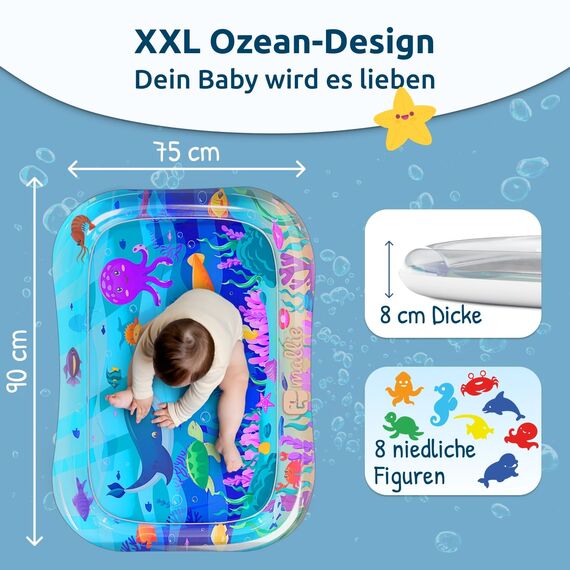 Mallie® Wassermatte Baby XXL 95x75 CM [100% BPA & Schadstoff-Frei] ab 3, 6 und 9 Monate im Ozean Blau Design I Baby Spielzeug, Spielzeug Ab 6 Monate als Wassermatte Baby und Baby Spielzeug 6 Monate