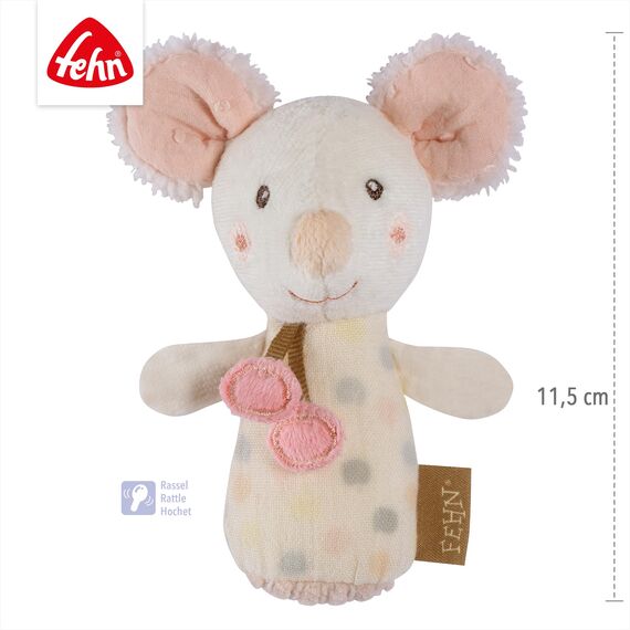 Fehn Mini-Rassel Maus – Mini-Greifling zum Rasseln, Fühlen, Spielen mit kuschelweichem Stoff-Tier – ein treuer Begleiter für Babys und Kleinkinder ab 0+ Monaten