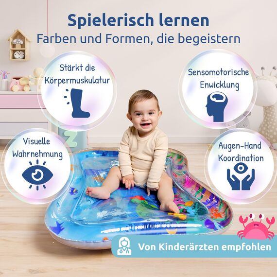 Mallie® Wassermatte Baby XXL 95x75 CM [100% BPA & Schadstoff-Frei] ab 3, 6 und 9 Monate im Ozean Blau Design I Baby Spielzeug, Spielzeug Ab 6 Monate als Wassermatte Baby und Baby Spielzeug 6 Monate