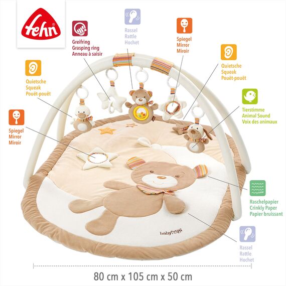 Fehn 3-D-Activity-Decke Spielbogen Rainbow – Baby Krabbeldecke mit 5 abnehmbaren Spielzeugen zum Greifen – Spieldecke für Babys und Kinder ab 0+ Monaten – Krabbelmatte als Geschenk zur Geburt