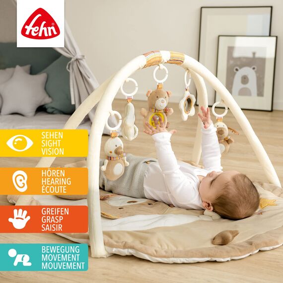 Fehn 3-D-Activity-Decke Spielbogen Rainbow – Baby Krabbeldecke mit 5 abnehmbaren Spielzeugen zum Greifen – Spieldecke für Babys und Kinder ab 0+ Monaten – Krabbelmatte als Geschenk zur Geburt