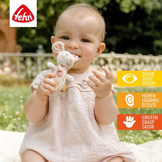 Fehn Mini-Rassel Maus – Mini-Greifling zum Rasseln, Fühlen, Spielen mit kuschelweichem Stoff-Tier – ein treuer Begleiter für Babys und Kleinkinder ab 0+ Monaten