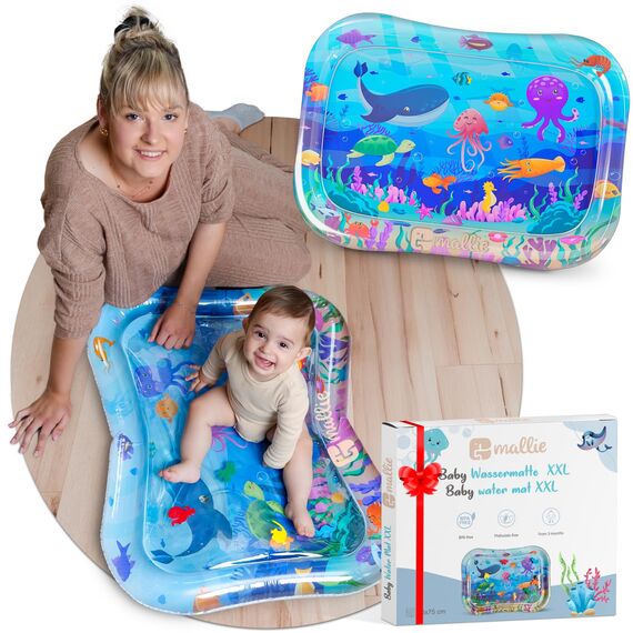 Mallie® Wassermatte Baby XXL 95x75 CM [100% BPA & Schadstoff-Frei] ab 3, 6 und 9 Monate im Ozean Blau Design I Baby Spielzeug, Spielzeug Ab 6 Monate als Wassermatte Baby und Baby Spielzeug 6 Monate