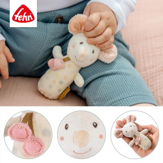 Fehn Mini-Rassel Maus – Mini-Greifling zum Rasseln, Fühlen, Spielen mit kuschelweichem Stoff-Tier – ein treuer Begleiter für Babys und Kleinkinder ab 0+ Monaten