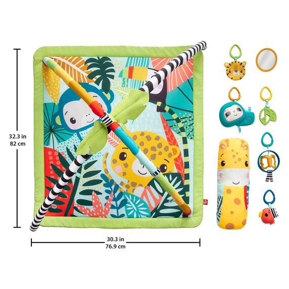 Fisher-Price 3-in-1 Rainforest Spieldecke für Babys, Spielmatte und sensorische Spielzeuge für das Spielen in der Bauchlage, Regenwalddesign, ab der Geburt, HJW08