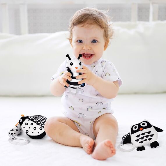 Aolso Kinderwagen Spielzeug, 3Pcs hängendes Rasselspielzeug, schwarz-weißes Spielzeug, Baby-Hängespielzeug, Neugeborenes Autositz-Spielzeug für Jungen und Mädchen, sensorisches Lernspielzeug