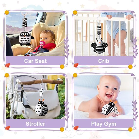 Aolso Kinderwagen Spielzeug, 3Pcs hängendes Rasselspielzeug, schwarz-weißes Spielzeug, Baby-Hängespielzeug, Neugeborenes Autositz-Spielzeug für Jungen und Mädchen, sensorisches Lernspielzeug