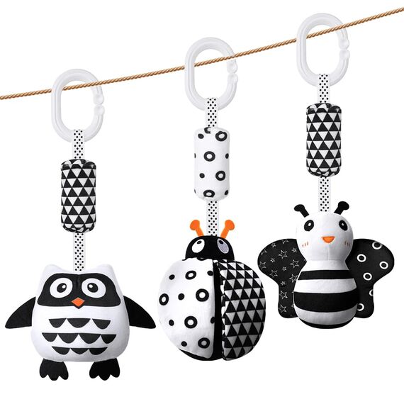 Aolso Kinderwagen Spielzeug, 3Pcs hängendes Rasselspielzeug, schwarz-weißes Spielzeug, Baby-Hängespielzeug, Neugeborenes Autositz-Spielzeug für Jungen und Mädchen, sensorisches Lernspielzeug