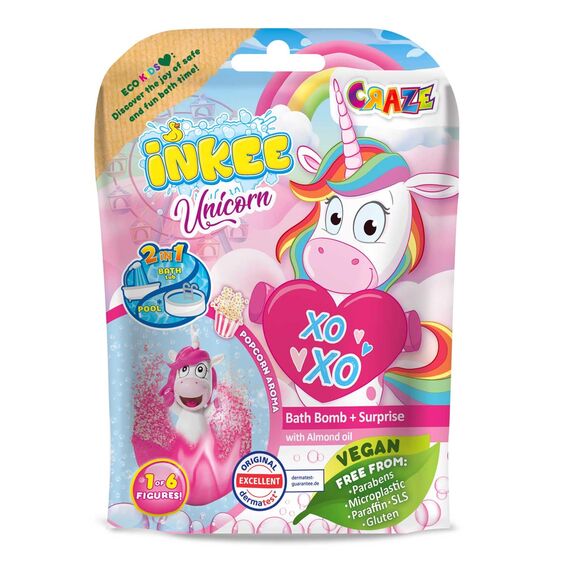 INKEE Surprise Unicorn Badebomben - 3er Set Magische Badekugel mit Überraschung, Kinder Badebomben mit Einhorn Spielfiguren, Pop-Corn Duft, 3x 100g