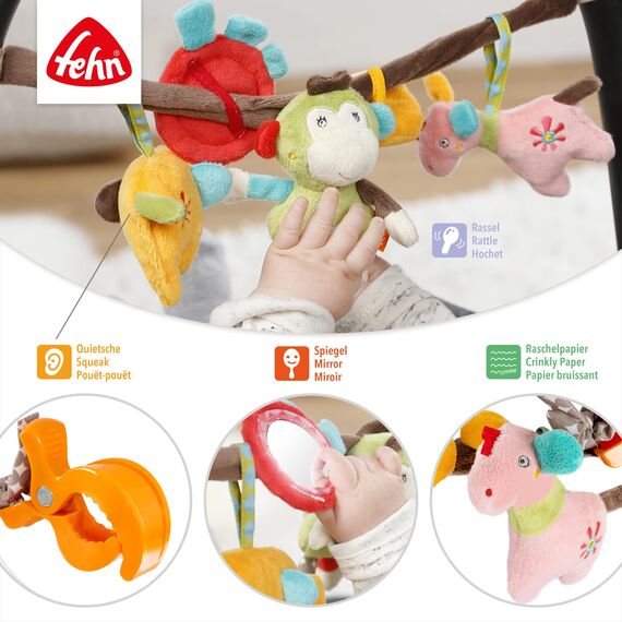 Fehn Kinderwagenkette Spielzeug Safari – Baby Mobile Kette mit niedlichen Figuren zum Aufhängen an Kinderwagen, Babyschale oder Kinderbett – Kinderwagen Zubehör für Babys und Kinder ab 0+ Monaten