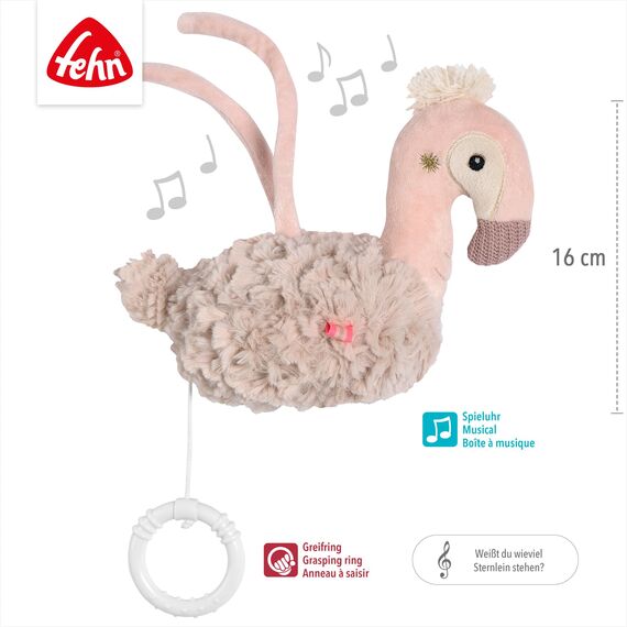 Fehn Spieluhr Flamingo – Kuscheltier & Einschlafhilfe: Aufzieh-Spieluhr mit sanfter Melodie "Weißt du wieviel Sternlein stehen" beruhigt in jeder Situation – für Babys und Kleinkinder ab 0+ Monaten