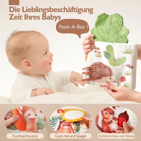 hahaland Baby Spielzeug ab 0 3 6 Monate Stoffbuch, Interaktive Babybücher mit Spiegel Rassel,Fühlbuch Knisterbuch Baby Spielzeug 6 Monate,Neugeborene Baby Geschenk für Babyspielzeug 0-6 Monate