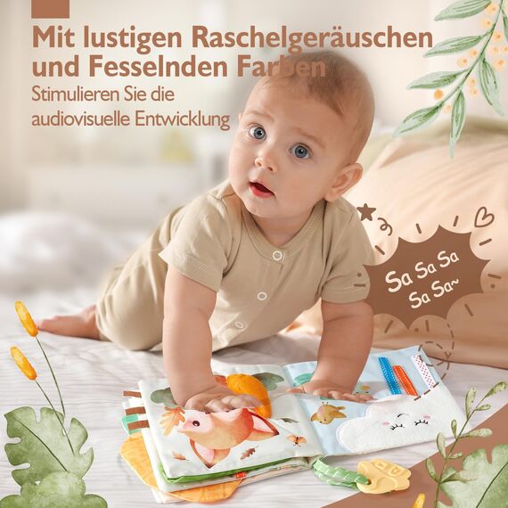 hahaland Baby Spielzeug ab 0 3 6 Monate Stoffbuch, Interaktive Babybücher mit Spiegel Rassel,Fühlbuch Knisterbuch Baby Spielzeug 6 Monate,Neugeborene Baby Geschenk für Babyspielzeug 0-6 Monate
