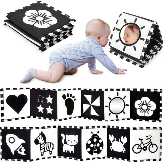 URMYWO Black & White Babybuch Kontrastbuch Baby-Bilderbuch-Stoffbücher- Kontrast Baby Spielzeug 0 3 6 9 12 Monate, schwarz weiss kontrastkarten Neugeboren Babygeschenk