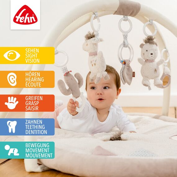 Fehn 3-D-Activity-Decke Spielbogen Peru – Baby Krabbeldecke mit 5 abnehmbaren Spielzeugen zum Greifen – Spieldecke für Babys und Kinder ab 0+ Monaten – Krabbelmatte als Geschenk zur Geburt
