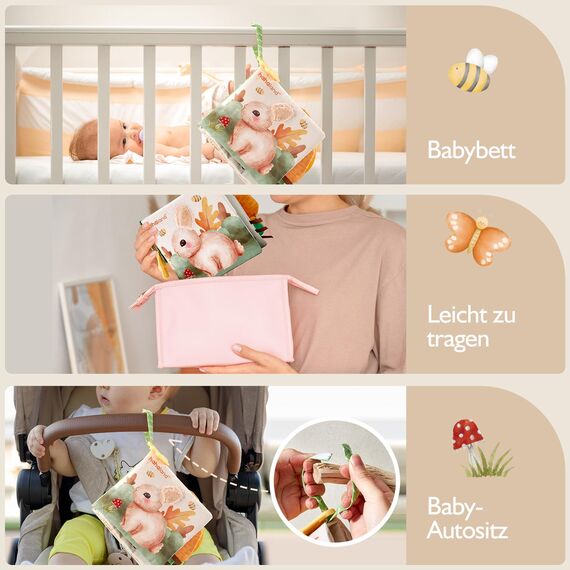 hahaland Baby Spielzeug ab 0 3 6 Monate Stoffbuch, Interaktive Babybücher mit Spiegel Rassel,Fühlbuch Knisterbuch Baby Spielzeug 6 Monate,Neugeborene Baby Geschenk für Babyspielzeug 0-6 Monate