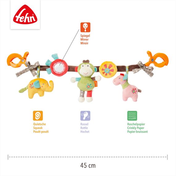 Fehn Kinderwagenkette Spielzeug Safari – Baby Mobile Kette mit niedlichen Figuren zum Aufhängen an Kinderwagen, Babyschale oder Kinderbett – Kinderwagen Zubehör für Babys und Kinder ab 0+ Monaten