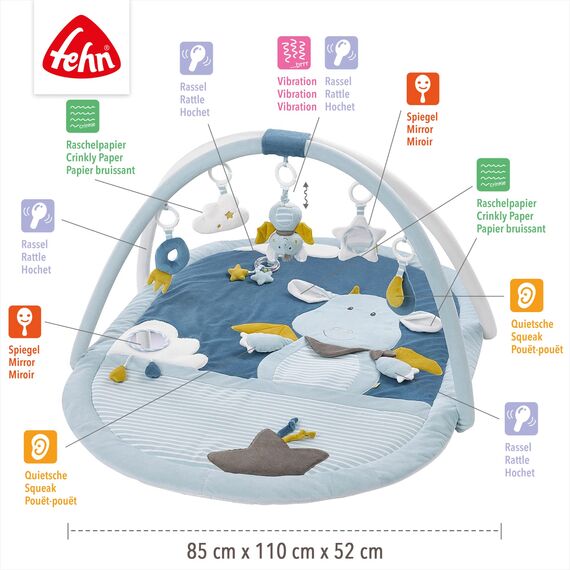 Fehn 3-D-Activity-Decke Spielbogen Little Castle – Baby Krabbeldecke mit 5 abnehmbaren Spielzeugen zum Greifen – Spieldecke für Babys und Kinder ab 0+ Monaten – Krabbelmatte als Geschenk zur Geburt