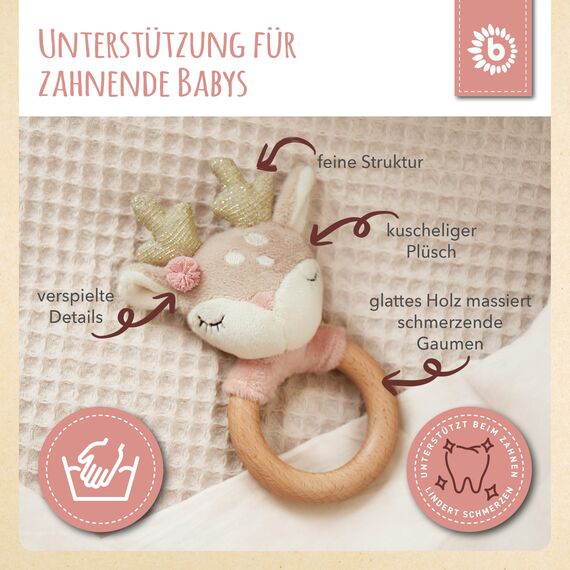 Bieco Baby Ringrassel | Hirsch Ø 10 cm | Länge 17 cm | Rassel Spielzeug mit Holzring | sensorisches Spielzeug | Babyspielzeug 0-6 Monate | Stoffrassel |