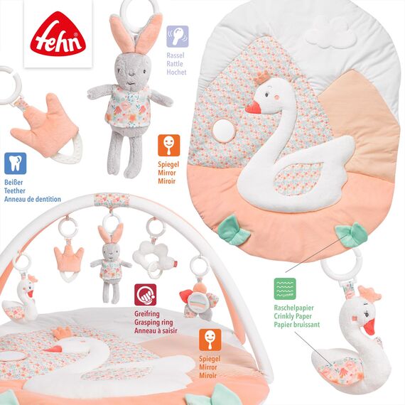 Fehn 3-D-Activity-Decke Spielbogen Schwanensee – Baby Krabbeldecke mit 5 abnehmbaren Spielzeugen zum Greifen – Spieldecke für Babys und Kinder ab 0+ Monaten – Krabbelmatte als Geschenk zur Geburt
