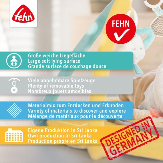 Fehn 3-D-Activity-Decke Vogel – Spielbogen mit 5 abnehmbaren Spielzeugen für Babys Spiel & Spaß im Liegen, Sitzen & beim Krabbeln, für Babys und Kleinkinder ab 0+ Monaten
