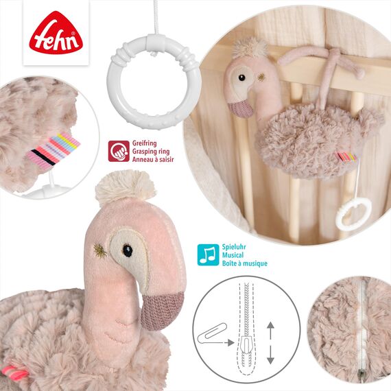 Fehn Spieluhr Flamingo – Kuscheltier & Einschlafhilfe: Aufzieh-Spieluhr mit sanfter Melodie "Weißt du wieviel Sternlein stehen" beruhigt in jeder Situation – für Babys und Kleinkinder ab 0+ Monaten
