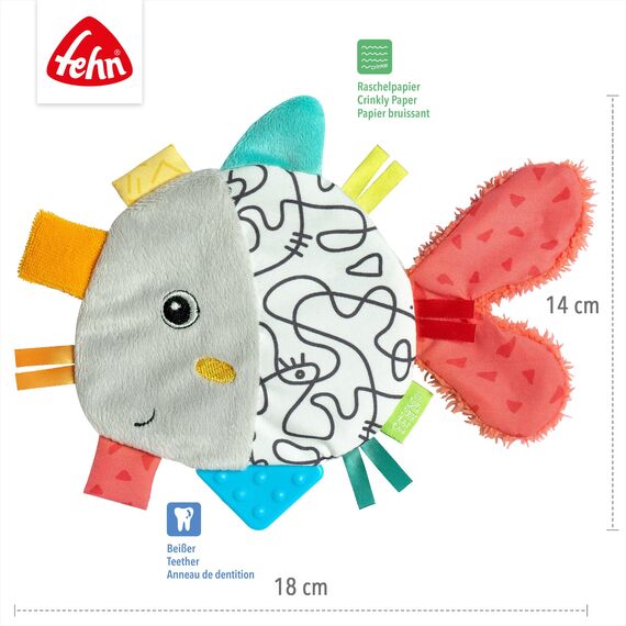 Fehn Knister-Fisch – Activity-Rascheltier zum Fühlen, Greifen, Lauschen, Spielen & Geräusche erzeugen – Spieltier fördert Babys Sinne & Motorik – Spielzeug für Babys und Kinder ab 0+ Monaten