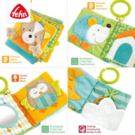 Fehn Fühlbuch Fuchs - Buggybuch aus Stoff mit Waldtier Motiven - Babyspielzeug Buch mit Quietsche, Raschelpapier und Spiegel - Babybuch 8 Seiten - Stoffbuch für Babys und Kleinkinder ab 0+ Monaten