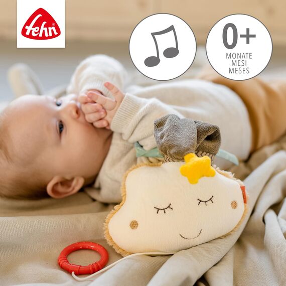 Fehn Spieluhr Baby Einschlafhilfe Wolke - Kuscheltier mit sanfter Einschlafhilfe Melodie "Schlaf Kindlein schlaf" - Babyspielzeug für Unterwegs und Zuhause - Musikspielzeug für Babys und Kleinkinder