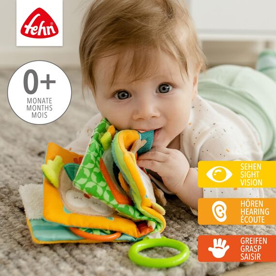 Fehn Fühlbuch Fuchs - Buggybuch aus Stoff mit Waldtier Motiven - Babyspielzeug Buch mit Quietsche, Raschelpapier und Spiegel - Babybuch 8 Seiten - Stoffbuch für Babys und Kleinkinder ab 0+ Monaten