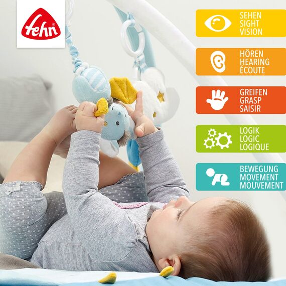 Fehn 3-D-Activity-Decke Spielbogen Little Castle – Baby Krabbeldecke mit 5 abnehmbaren Spielzeugen zum Greifen – Spieldecke für Babys und Kinder ab 0+ Monaten – Krabbelmatte als Geschenk zur Geburt