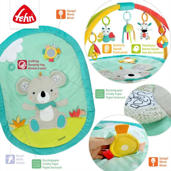 Fehn 3-D-Activity-Decke Koala – Erlebnisdecke mit Spielbogen & abnehmbaren Spielzeugen zum Greifen – Spieldecke für Babys und Kinder ab 0+ Monaten – Krabbelmatte als Geschenk zur Geburt