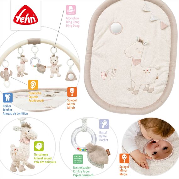 Fehn 3-D-Activity-Decke Spielbogen Peru – Baby Krabbeldecke mit 5 abnehmbaren Spielzeugen zum Greifen – Spieldecke für Babys und Kinder ab 0+ Monaten – Krabbelmatte als Geschenk zur Geburt