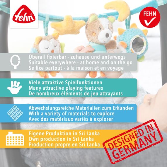 Fehn Kinderwagenkette Spielzeug Safari – Baby Mobile Kette mit niedlichen Figuren zum Aufhängen an Kinderwagen, Babyschale oder Kinderbett – Kinderwagen Zubehör für Babys und Kinder ab 0+ Monaten