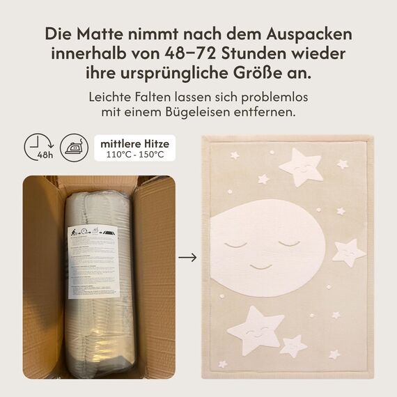 Wolkenweiche Spielmatte Baby 170x120x2,5cm mond&Sterne – Teppich für Kinderzimmer mit hochwertigem Memory-Schaum – Krabbelmatte Baby mit Rutschfester Unterseite, Tatami Matte