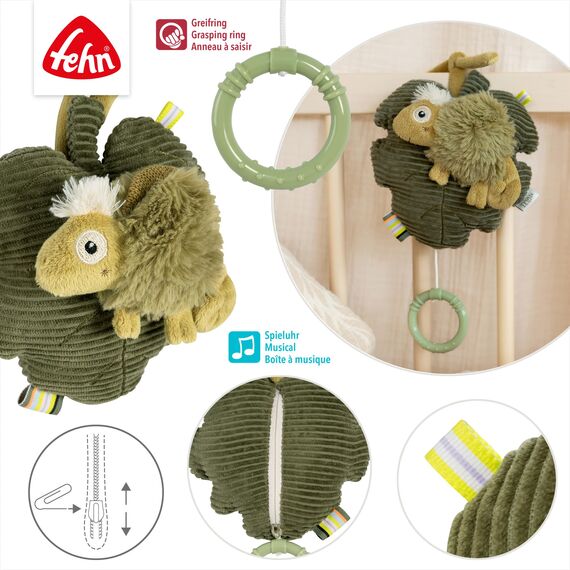 Fehn Spieluhr Chamäleon – Kuscheltier & Einschlafhilfe: Aufzieh-Spieluhr mit sanfter Melodie "Mozarts Wiegenlied" beruhigt in jeder Situation – für Babys und Kleinkinder ab 0+ Monaten