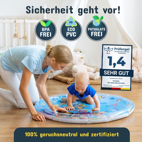 NouBaby® Wassermatte Baby BPA Frei XXL I Babymatte und Spielzeug ab 3, 6 und 9 Monate I Wasserspielmatte Baby, Aqua Matte Baby als Baby Wassermatte, Bauchlage Spielzeug Baby und Baby Matte Wasser