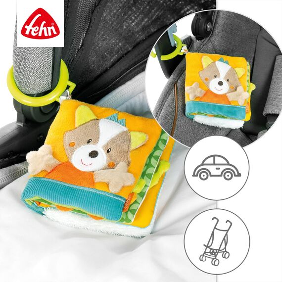 Fehn Fühlbuch Fuchs - Buggybuch aus Stoff mit Waldtier Motiven - Babyspielzeug Buch mit Quietsche, Raschelpapier und Spiegel - Babybuch 8 Seiten - Stoffbuch für Babys und Kleinkinder ab 0+ Monaten