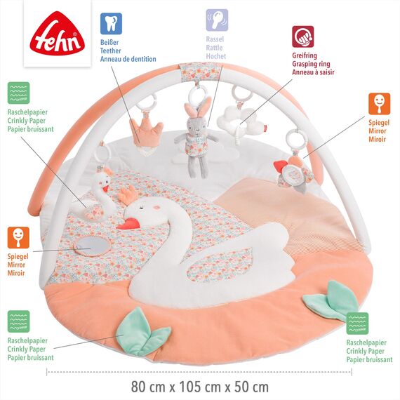 Fehn 3-D-Activity-Decke Spielbogen Schwanensee – Baby Krabbeldecke mit 5 abnehmbaren Spielzeugen zum Greifen – Spieldecke für Babys und Kinder ab 0+ Monaten – Krabbelmatte als Geschenk zur Geburt
