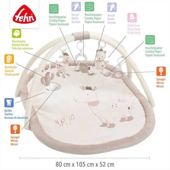 Fehn 3-D-Activity-Decke Spielbogen Peru – Baby Krabbeldecke mit 5 abnehmbaren Spielzeugen zum Greifen – Spieldecke für Babys und Kinder ab 0+ Monaten – Krabbelmatte als Geschenk zur Geburt