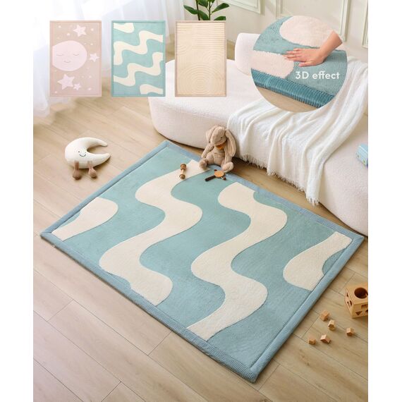 Wolkenweiche Spielmatte Baby 170x120x2,5cm Wellen – Teppich für Kinderzimmer mit hochwertigem Memory-Schaum – Krabbelmatte Baby mit Rutschfester Unterseite – Krabbeldecke, Kinderteppich, Tatami Matte