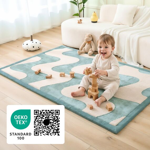 Wolkenweiche Spielmatte Baby 170x120x2,5cm Wellen – Teppich für Kinderzimmer mit hochwertigem Memory-Schaum – Krabbelmatte Baby mit Rutschfester Unterseite – Krabbeldecke, Kinderteppich, Tatami Matte
