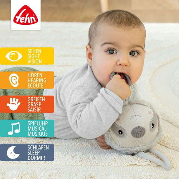 Fehn Spieluhr Faultier – Kuscheltier & Einschlafhilfe: Aufzieh-Spieluhr mit sanfter Melodie "Brahms Wiegenlied" beruhigt in jeder Situation – für Babys und Kleinkinder ab 0+ Monaten