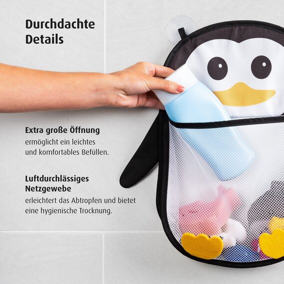Reer MyHappyPingu Badespielzeug-Netz, hygienische Aufbewahrung für Badewannenspielzeug, Wannenablage