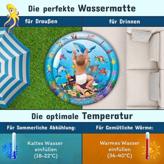 NouBaby® Wassermatte Baby BPA Frei XXL I Babymatte und Spielzeug ab 3, 6 und 9 Monate I Wasserspielmatte Baby, Aqua Matte Baby als Baby Wassermatte, Bauchlage Spielzeug Baby und Baby Matte Wasser
