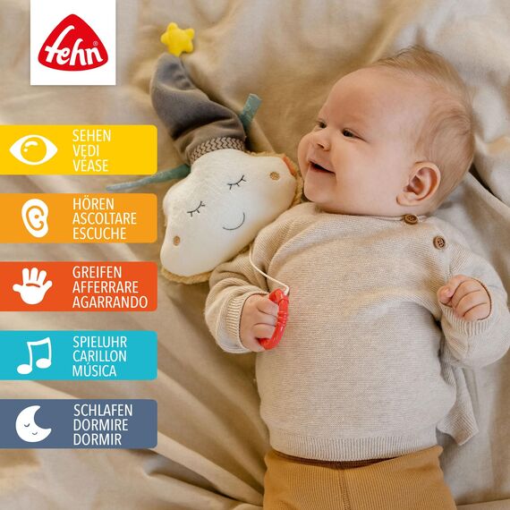 Fehn Spieluhr Baby Einschlafhilfe Wolke - Kuscheltier mit sanfter Einschlafhilfe Melodie "Schlaf Kindlein schlaf" - Babyspielzeug für Unterwegs und Zuhause - Musikspielzeug für Babys und Kleinkinder