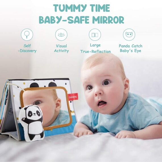 beiens Baby Spielzeug ab 3 Monate, Faltbarer Baby Spiegel Spielzeug mit Knisterbuch, Panda mit schwarz weiß kontrastbuch, Lernspielzeug Geschenk für Neugeborenes Spielzeug 0-6 Monate