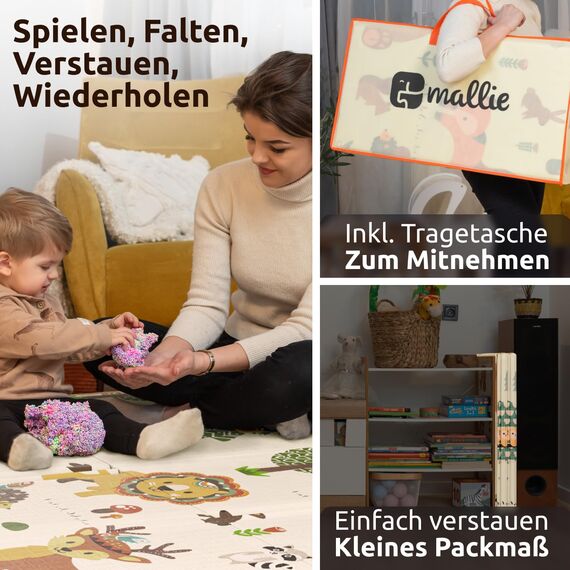 Mallie® Spielmatte Baby Faltbar inkl. Gratis Tragetasche 180x150x1,5cm [100% BPA- und Schadstoff-Frei] Doppelseitige Krabbelmatte Baby, Krabbeldecke Baby I Baby Play Mat, Spielmatte Baby Faltbar